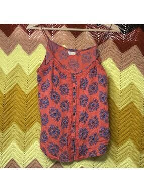 Vintage Y2K  Aerie Orange Paisley Boho Button Up Camisole Tank  Lace Trim Size L